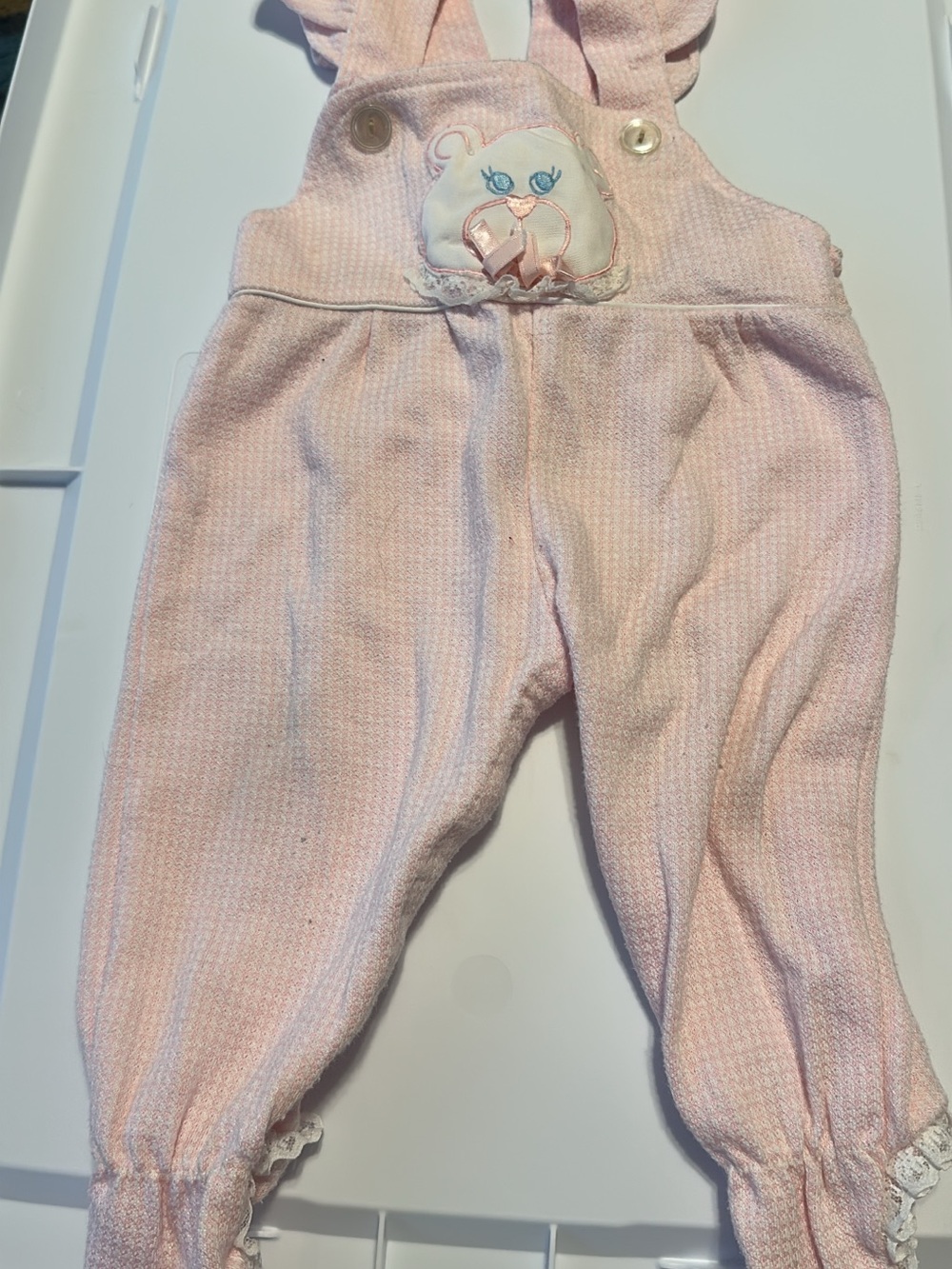 Baby Pink Bear Applique Knit One-Piece Overalls